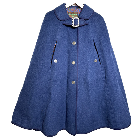 Vintage Austrian Loden Wool Cape Coat Navy Blue 1950s 1960s German Fashion Style - Picture 1 of 13